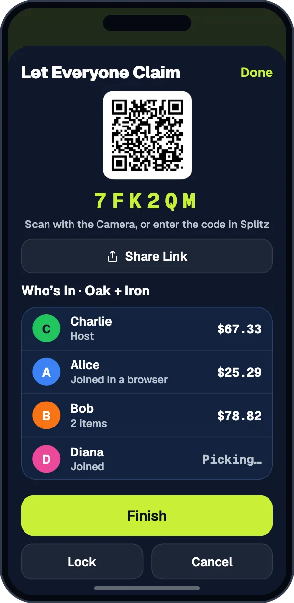 Let Everyone Claim: a QR code and the code 7FK2QM, with Charlie, Alice, Bob, and Diana joining