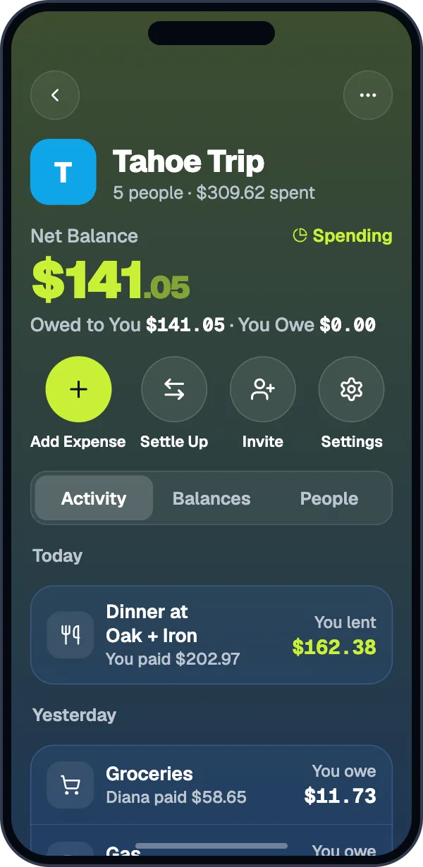 The Tahoe Trip group with a net balance of $141.05 and its activity