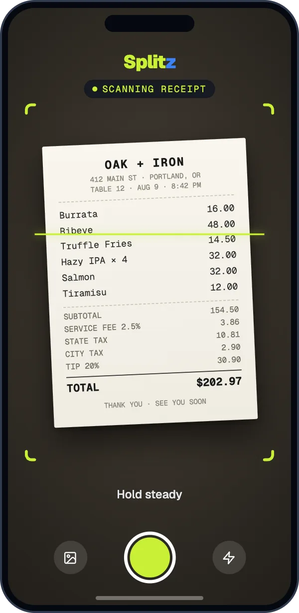 Splitz scanning the Oak + Iron receipt