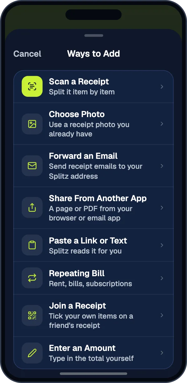 Ways to Add: scan, choose a photo, forward an email, share from another app, paste a link, and more